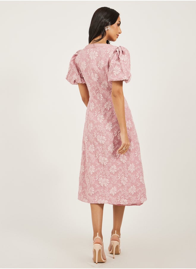 Styli - Floral Embossed Puff Sleeves A-Line Midi Dress - Image 1