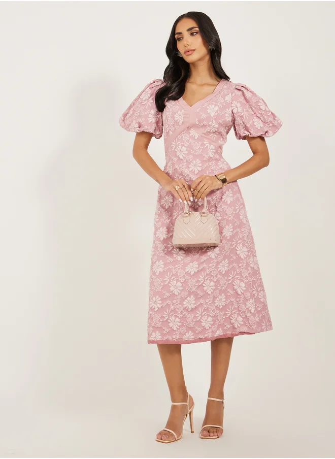 Styli Floral Embossed Puff Sleeves A-Line Midi Dress