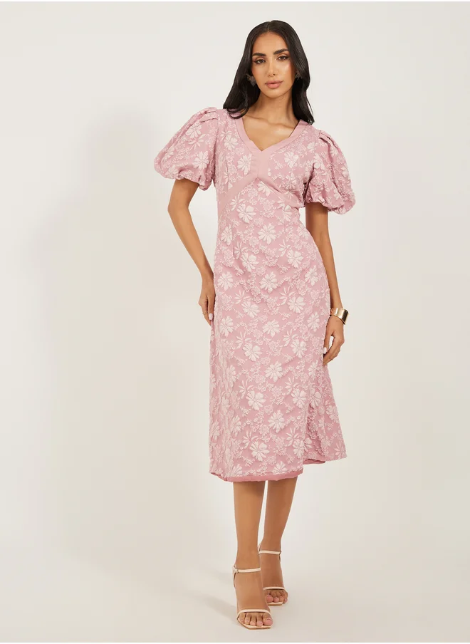 Styli Floral Embossed Puff Sleeves A-Line Midi Dress