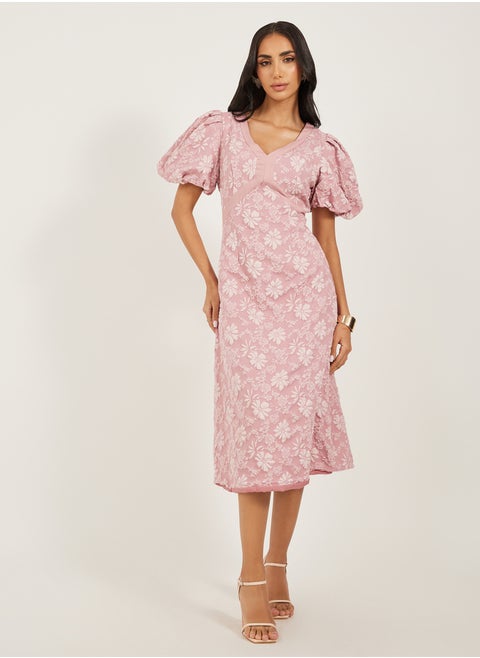 Floral Embossed Puff Sleeves A-Line Midi Dress