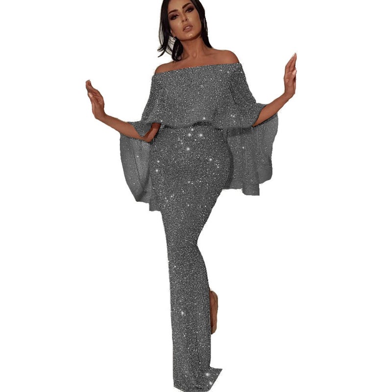 Europe and the United States new back big lotus leaf wrap chest one-shoulder dress blingbling bag hip split evening dress Silvergray XL - Image 1
