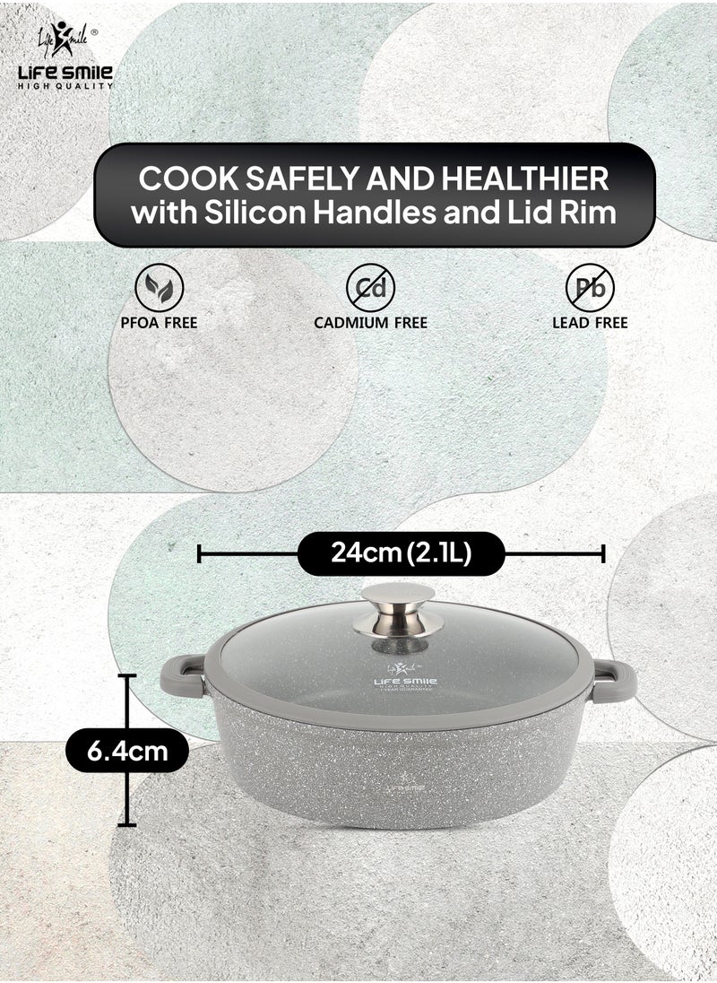 24cm (2.1 Liter) LIFE SMILE Shallow Pot - Multi Layer Non Stick Granite Coating 100% PFOA Free - Glass Lid With Silicone Rim - Detachable Silicone Handles - Oven Safe Frying Pan - pzsku/Z15C0ADCF8AC465DD3A88Z/45/_/1729239356/917260fb-9ca2-421a-ab8e-b4639bdd57ba