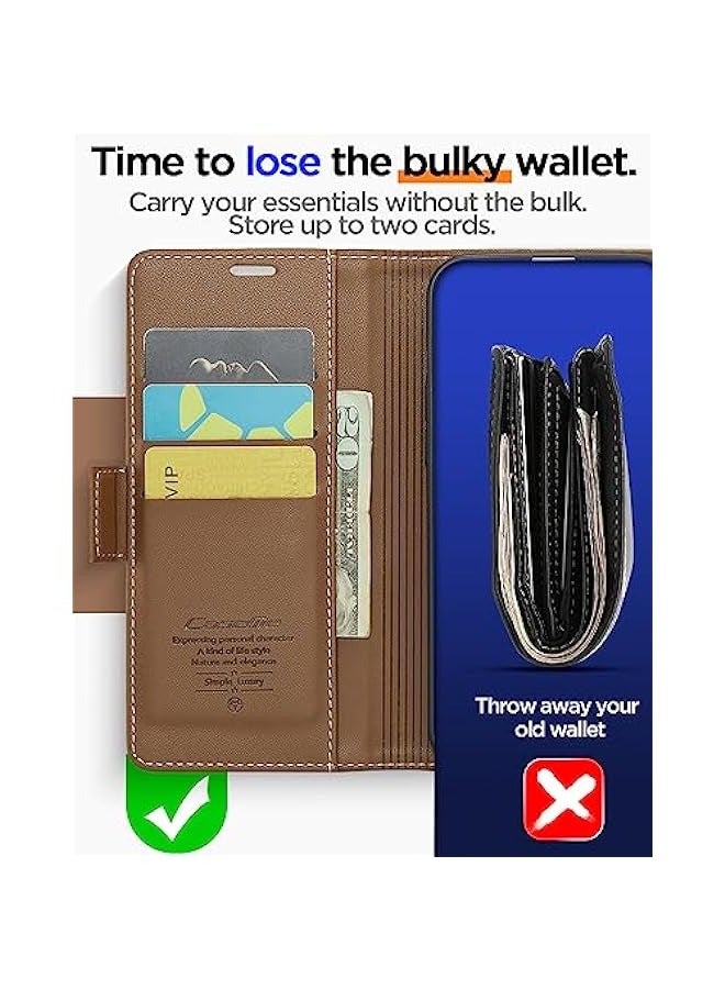 iPhone 13 Pro RFID Blocking Leather Wallet Case - Flip Folio with Strong Magnetic Closure - Protective Cover with Credit Card Holder and Kickstand - Brown Color - for Men and Women  - Image 3