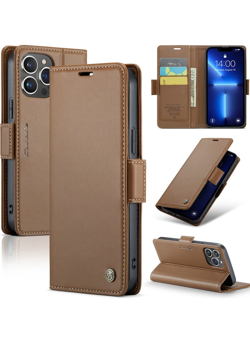 iPhone 13 Pro RFID Blocking Leather Wallet Case - Flip Folio with Strong Magnetic Closure - Protective Cover with Credit Card Holder and Kickstand - Brown Color - for Men and Women  - Image 1