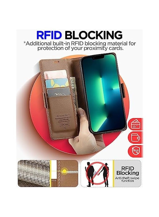 iPhone 13 Pro RFID Blocking Leather Wallet Case - Flip Folio with Strong Magnetic Closure - Protective Cover with Credit Card Holder and Kickstand - Brown Color - for Men and Women  - Image 4