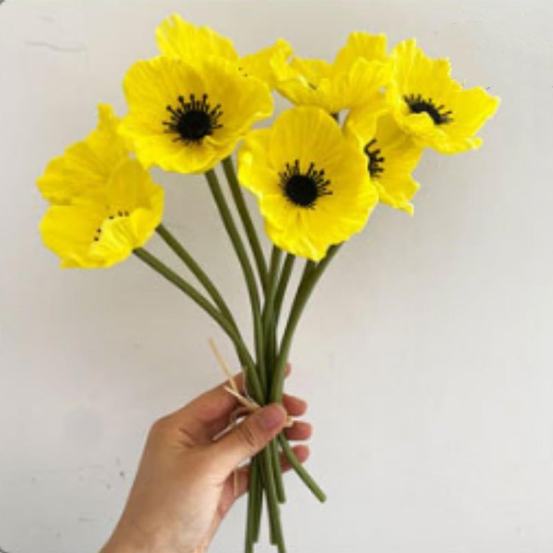 OUKEYI Artificial Flowers False Poppy Flowers,10 pcs Artificial Poppy Silk Fake Flowers,No Fade PU Fake Latex Flowers for Kitchen Table Centerpiece Wedding Holiday Bridal Bouquet Home Party Decor (yellow) - Image 1