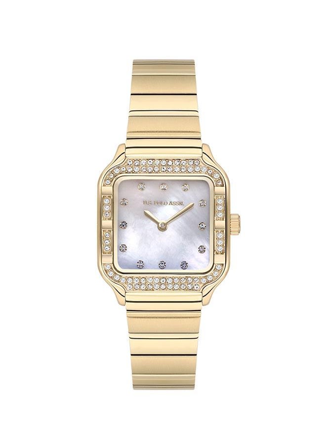 U.S. Polo Assn. - U.S. Polo Assn. Stile Ladies' 28x34mm Watch with White Mother-of-Pearl Dial, Diamond Accents & Gold Stainless Steel Band - USPA2100-03, A Statement of Elegance - Image 1