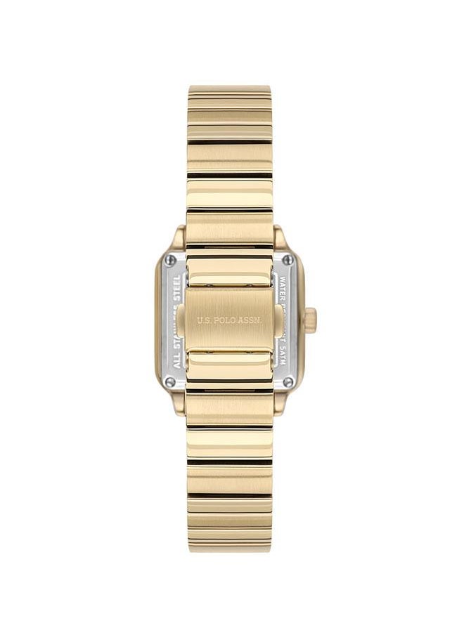 U.S. Polo Assn. - U.S. Polo Assn. Stile Ladies' 28x34mm Watch with White Mother-of-Pearl Dial, Diamond Accents & Gold Stainless Steel Band - USPA2100-03, A Statement of Elegance - Image 1