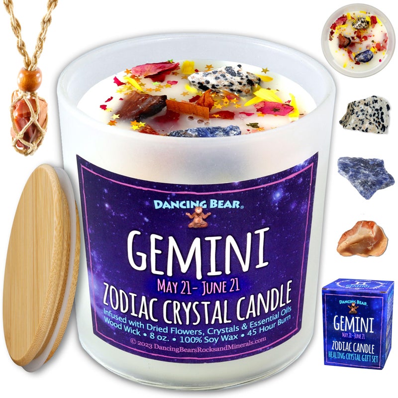 DANCING BEAR Gemini Zodiac Candle Gift Box Set with 3 Healing Crystals  Stone Holder Necklace 100 Soy Scented Wax Crackling Wood Wick 45 Hour Burn Time