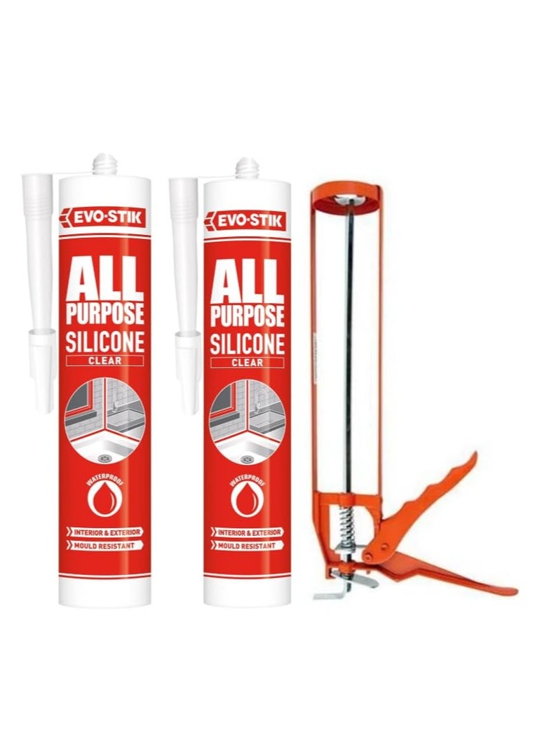 EVO-STIK - All-Purpose Silicone Sealant 280ml - Pack of 2 with Free Silicone Gun, High-Performance Adhesive for DIY, Repairs, and Construction Projects. - Image 1
