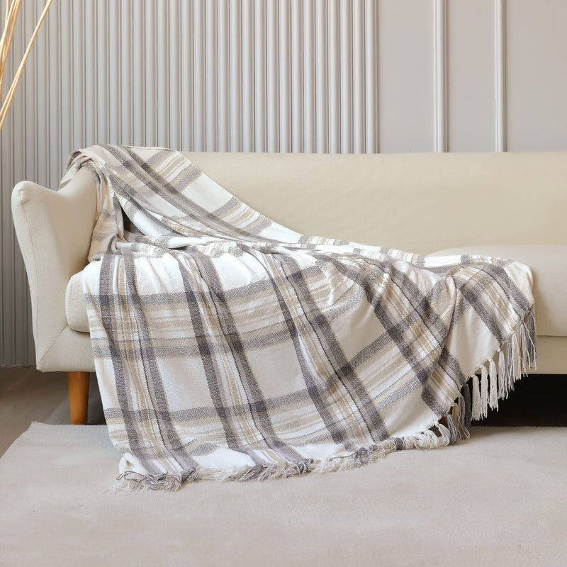 Snugtown Taupe Grey and White Plaid Decor Tartan Blanket, Lightweight Soft Chenille Striped Knitted Rustic Farmhouse Throw with Tassels for Couch Sofa Chair Bed Office Home, 50" x 60" - Image 2