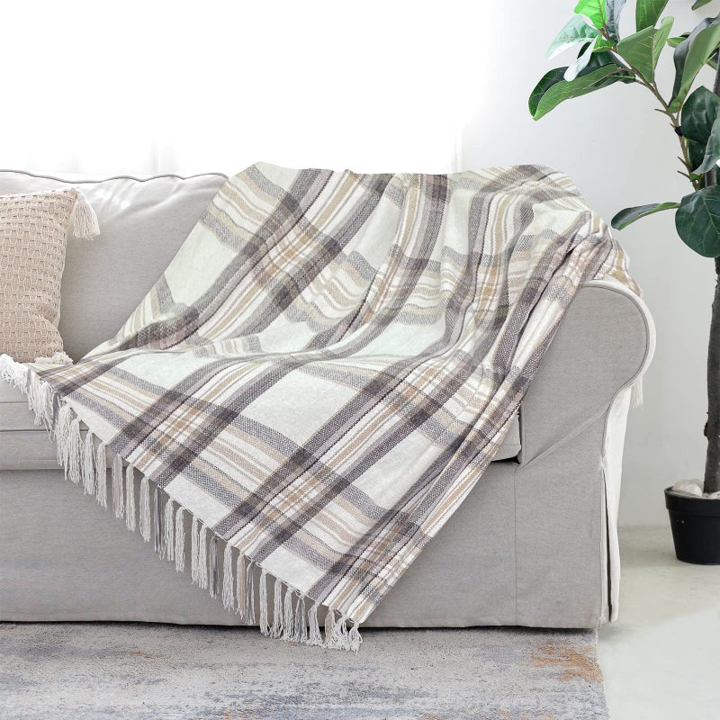Snugtown Taupe Grey and White Plaid Decor Tartan Blanket, Lightweight Soft Chenille Striped Knitted Rustic Farmhouse Throw with Tassels for Couch Sofa Chair Bed Office Home, 50" x 60" - Image 1