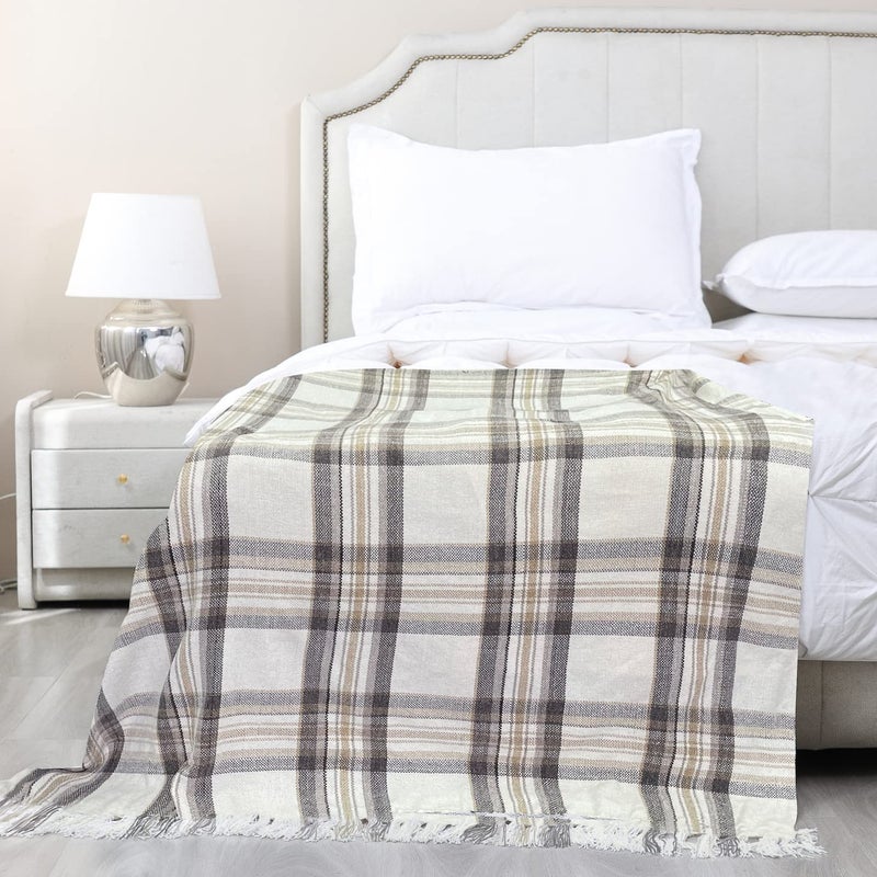 Snugtown Taupe Grey and White Plaid Decor Tartan Blanket, Lightweight Soft Chenille Striped Knitted Rustic Farmhouse Throw with Tassels for Couch Sofa Chair Bed Office Home, 50" x 60" - Image 3