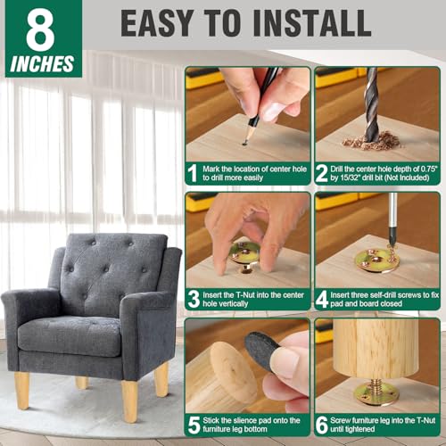 FoDau770 Rubber Wood Furniture Legs 8 Inches, Straight Tapered Wood Feet Mid Century Sofa Legs Set of 4, 5/16" UNC Furniture Feet Replacement Parts for Cabinet Couch Dresser Chair Ottoman Table - Image 5