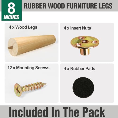 FoDau770 Rubber Wood Furniture Legs 8 Inches, Straight Tapered Wood Feet Mid Century Sofa Legs Set of 4, 5/16" UNC Furniture Feet Replacement Parts for Cabinet Couch Dresser Chair Ottoman Table - Image 2
