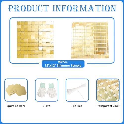 Kate Shimmer Wall Backdrop Light Gold Square Sequin Wall Panel Backdrop Decor for Wedding, Anniversary, Birthday, Party, 24 Panels - Image 2