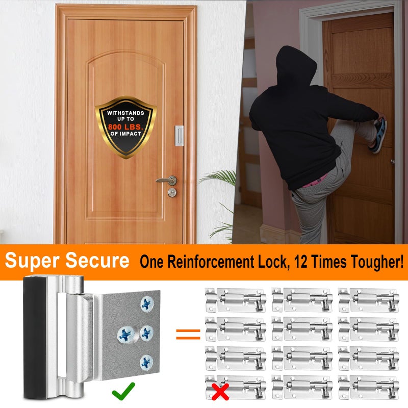 Comfylichi Home Security Door Reinforcement Lock, Upgraded Front Door Locks for Kids Safety Withstand 800 lbs, Child Proof Door Lock, Extra Door Lock from Inside Prevent Unauthorized Entry (2 Pack, Silver) - Image 3