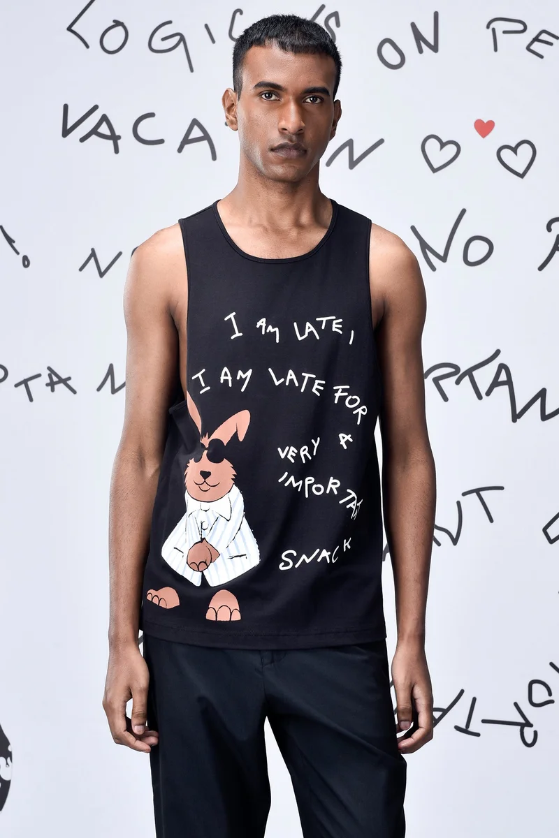 Genes Lecoanet Hemant Black Cotton Single Jersey Vest with Bunny Graphic Print