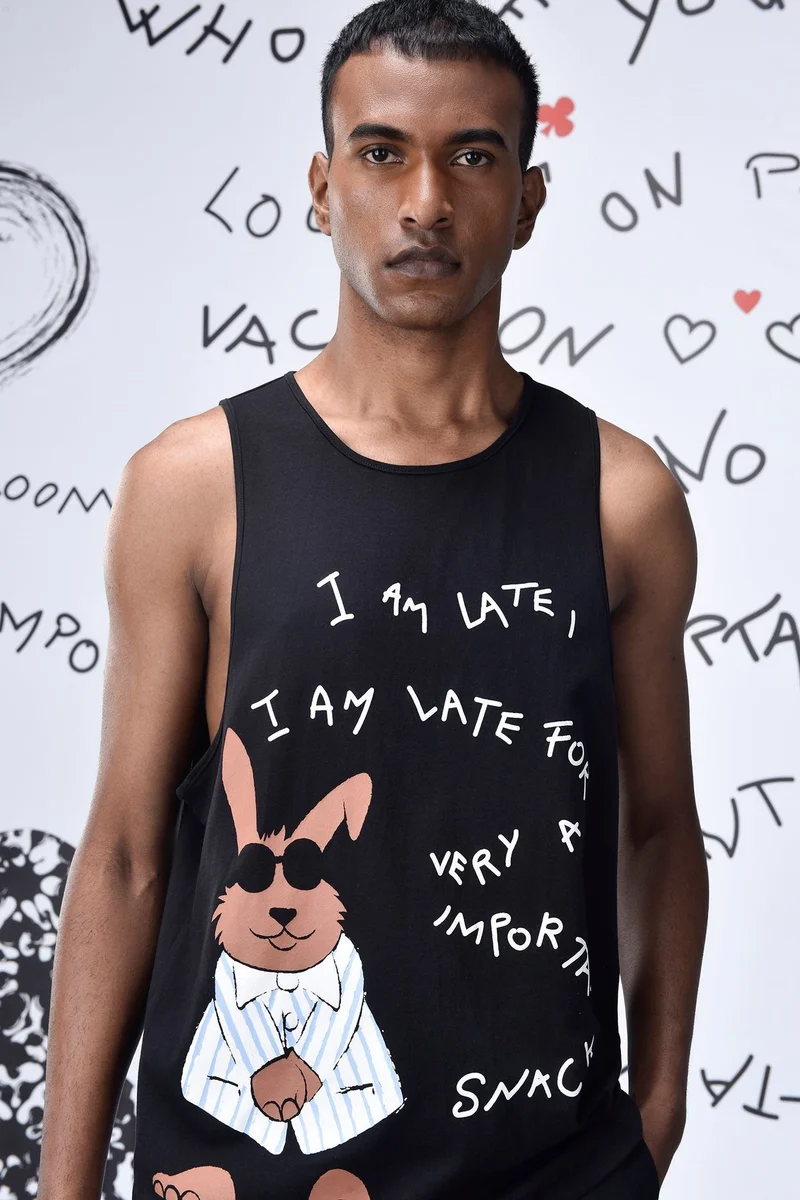 Genes Lecoanet Hemant  Black Cotton Single Jersey Vest with Bunny Graphic Print for Men | Best Price UAE