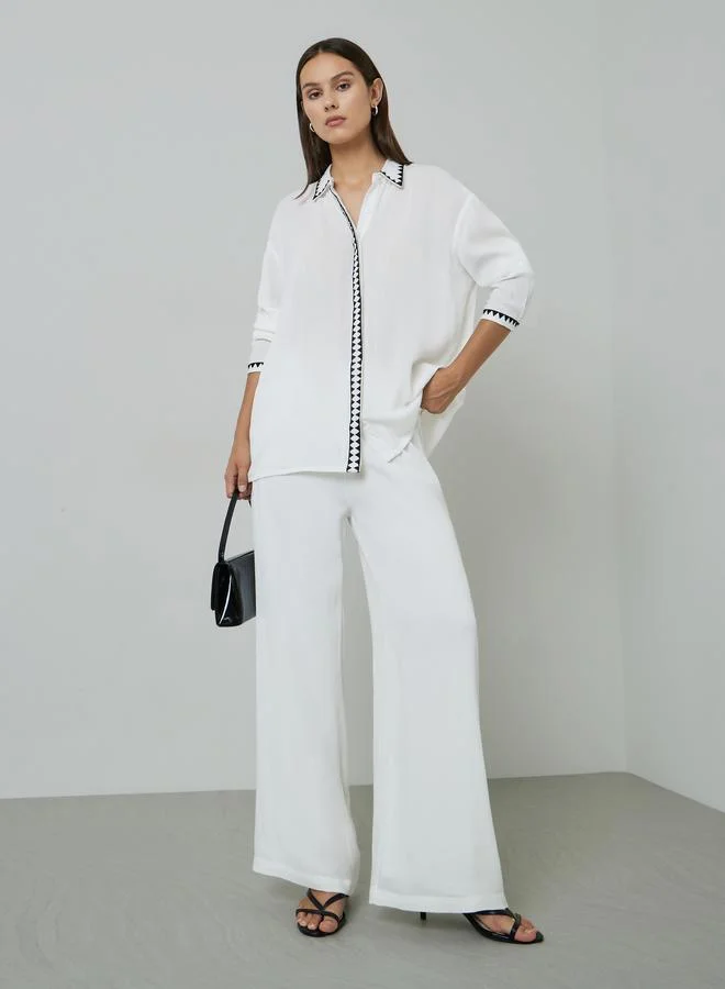 Styli Cream Contrast Trims Shirt and Wide Leg Trousers Set