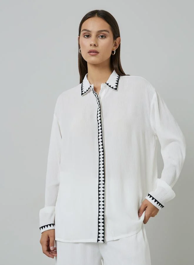 Styli Cream Contrast Trims Shirt and Wide Leg Trousers Set
