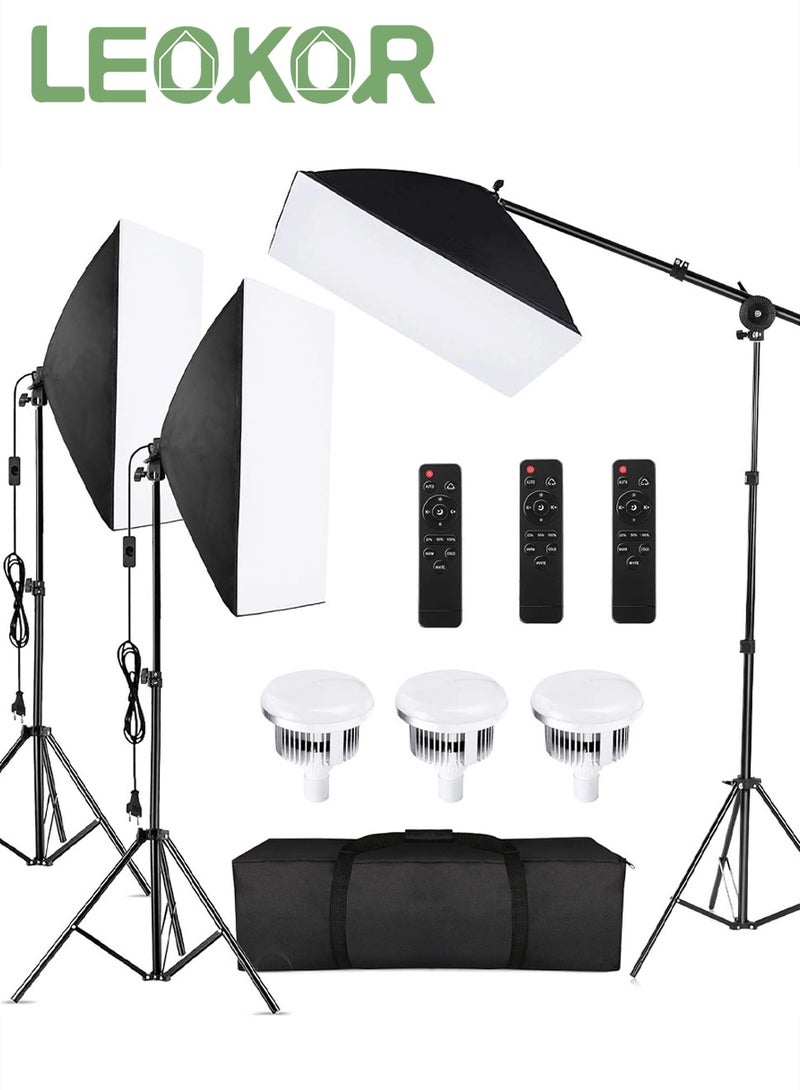 LEOKOR Photography Softbox Lighting Kit, Professional Studio Lighting Equipment, 50*70CM Continuous Lighting System for Photography/Video Recording/Live Streaming/Portraits Shooting, 3 Colors LED Light * 3 + 50x70cm Softbox * 3 + 2M Light Stand * 3 + Remote Control * 3 + Boom Arm * 1+ Carry Bag * 1 - Image 1