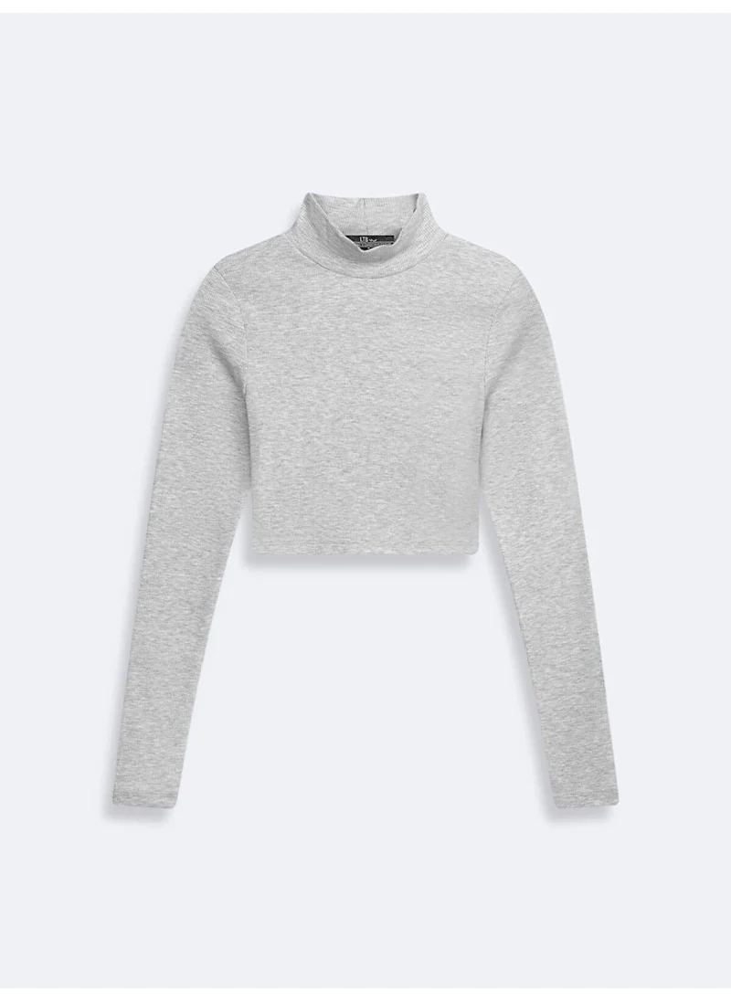 ال تي بي Thin Ribbed Stand Collar Crop Gray Sweatshirt