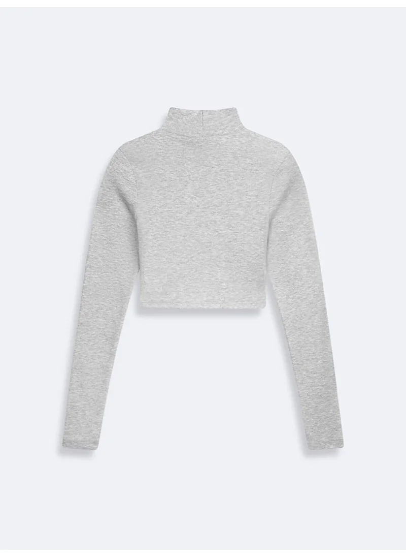 ال تي بي Thin Ribbed Stand Collar Crop Gray Sweatshirt