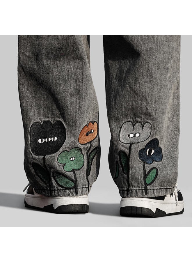 Izexx Men's Personalized Printed Jeans Spring American Style Loose Straight Wide-leg Pants Qp11 Black Gray XL - Image 3