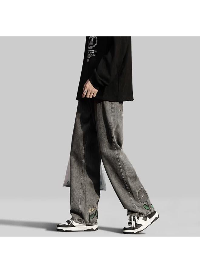 Izexx Men's Personalized Printed Jeans Spring American Style Loose Straight Wide-leg Pants Qp11 Black Gray XL - Image 4