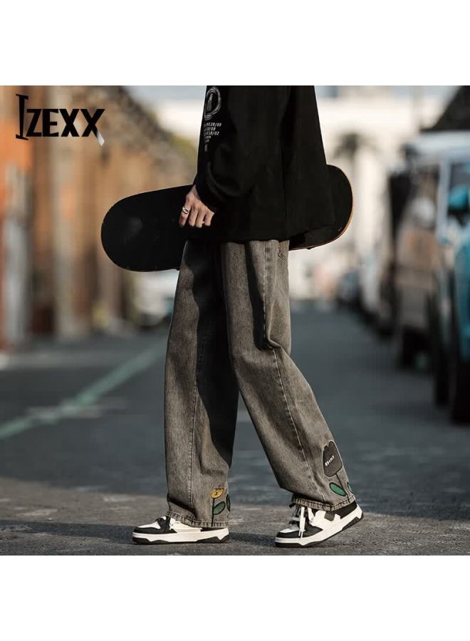 Izexx Men's Personalized Printed Jeans Spring American Style Loose Straight Wide-leg Pants Qp11 Black Gray XL - Image 1