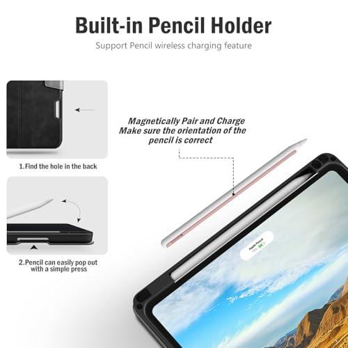 Antbox for iPad Pro 11 Inch Case M5 2025/M4 2024, Built-in Pencil Holder, Fully Supports Pencil Pro/USB-C, Auto Sleep/Wake Function Vegan Leather (Black) - Image 4