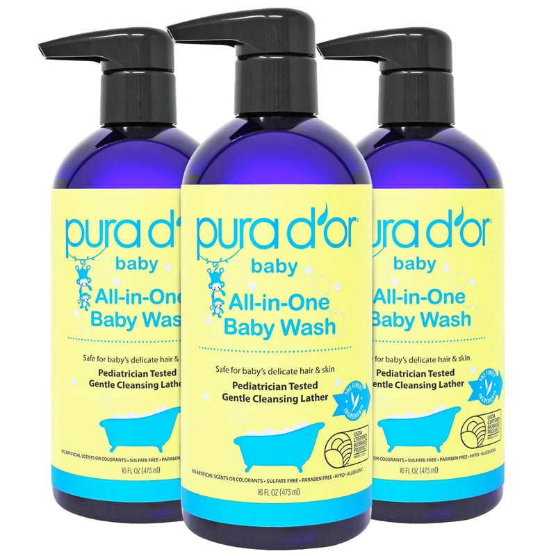 PURA D'OR All-in-One Baby Wash (16 Oz x3 = 48 Oz) USDA Biobased, Zero Sulfates, No Artificial Scents, Tear-Less, Hypoallergenic, Gentle, Calming 2-in-1 Baby Bath Wash & Shampoo - Image 1