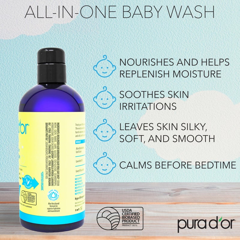 PURA D'OR All-in-One Baby Wash (16 Oz x3 = 48 Oz) USDA Biobased, Zero Sulfates, No Artificial Scents, Tear-Less, Hypoallergenic, Gentle, Calming 2-in-1 Baby Bath Wash & Shampoo - Image 2