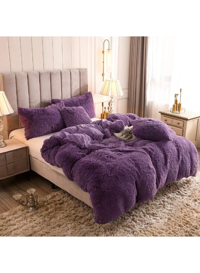 Uhamho Faux Fur Velvet Fluffy Bedding Duvet Cover Set Down Comforter Quilt Cover with Pillow Shams, Ultra Soft Warm and Durable (Queen, Purple) - Image 2