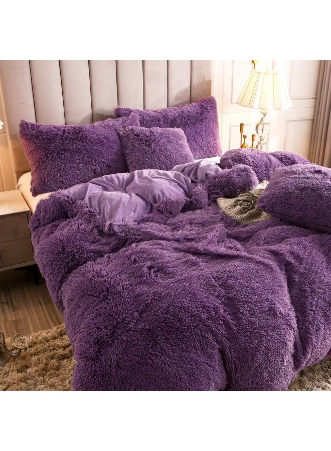 Uhamho Faux Fur Velvet Fluffy Bedding Duvet Cover Set Down Comforter Quilt Cover with Pillow Shams, Ultra Soft Warm and Durable (Queen, Purple) - Image 3