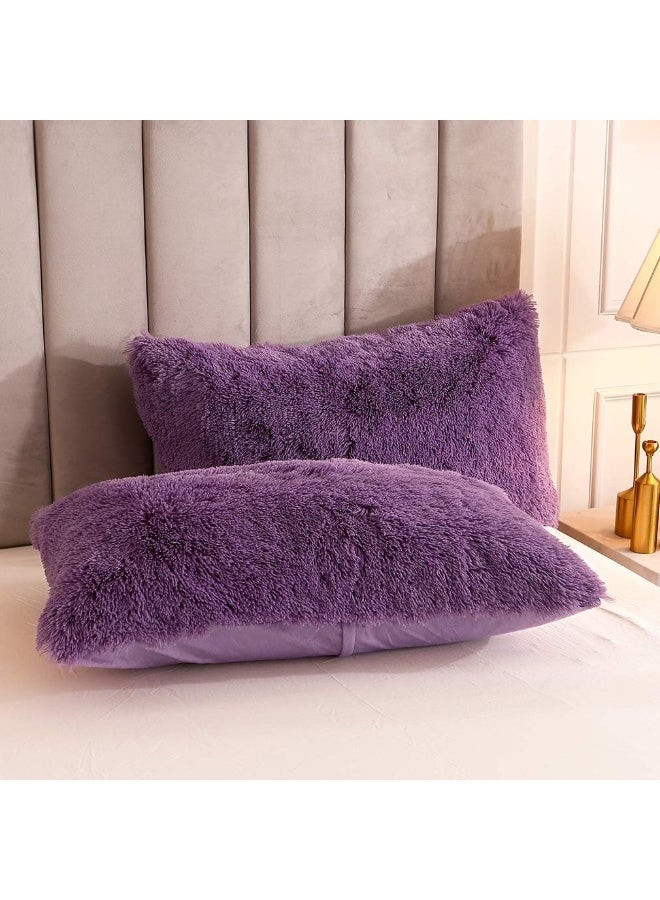 Uhamho Faux Fur Velvet Fluffy Bedding Duvet Cover Set Down Comforter Quilt Cover with Pillow Shams, Ultra Soft Warm and Durable (Queen, Purple) - Image 4