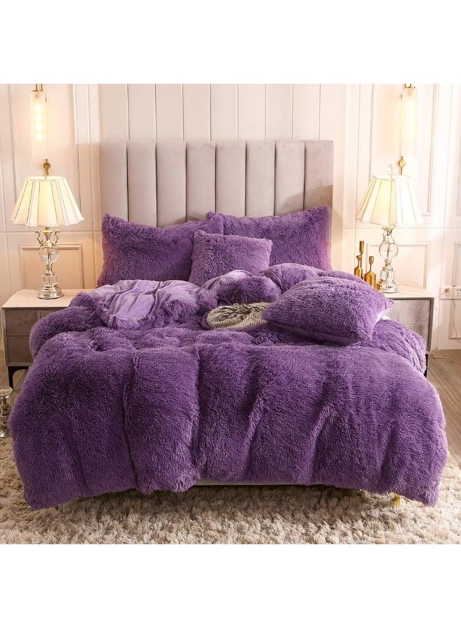 Uhamho Faux Fur Velvet Fluffy Bedding Duvet Cover Set Down Comforter Quilt Cover with Pillow Shams, Ultra Soft Warm and Durable (Queen, Purple) - Image 1