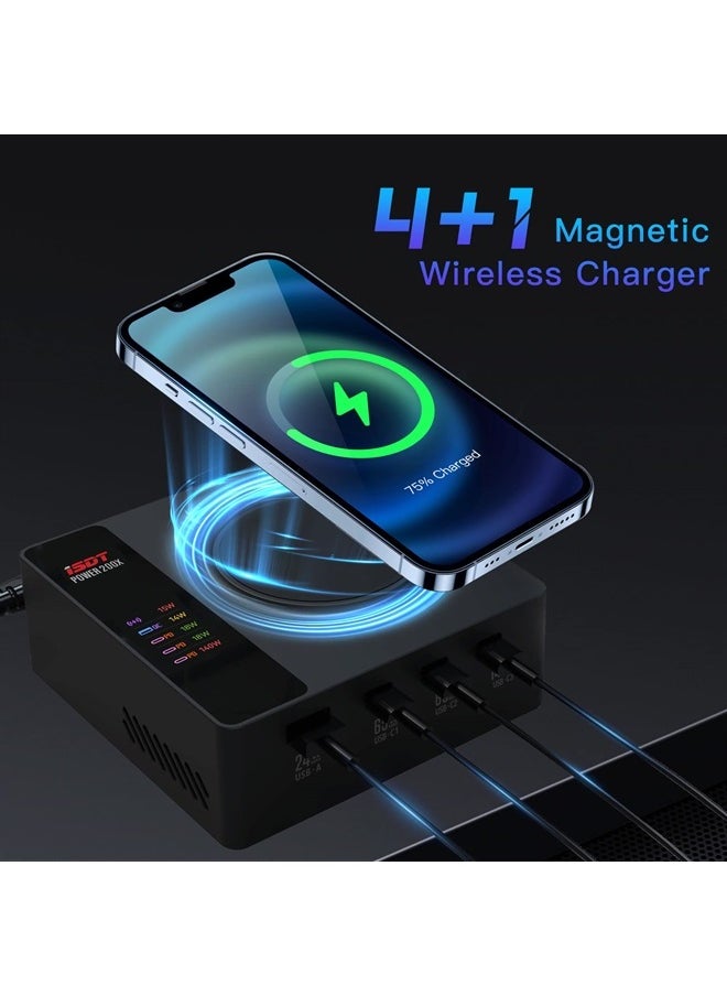 200W 5-Port USB C Independent Fast Charging Station(140W Max) PD 3.1 Wireless Magnetic Charger Adapter All in One Charger OTA Upgrade LCD Display iPhone, iPad and Multiple Devices