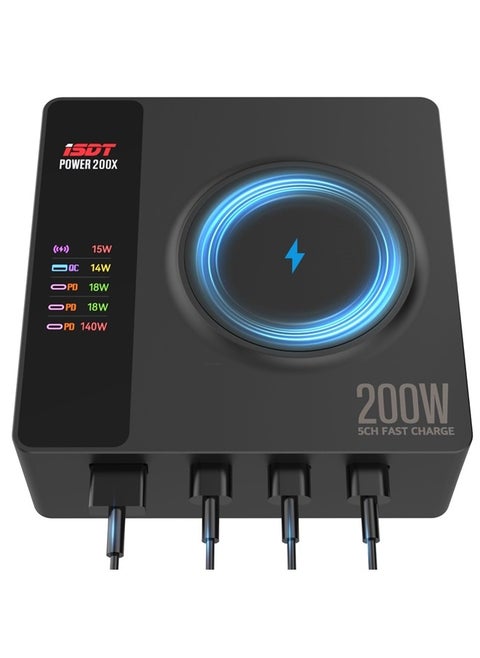 200W 5-Port USB C Independent Fast Charging Station(140W Max) PD 3.1 Wireless Magnetic Charger Adapter All in One Charger OTA Upgrade LCD Display iPhone, iPad and Multiple Devices