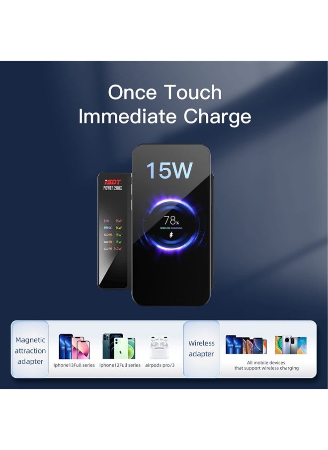 200W 5-Port USB C Independent Fast Charging Station(140W Max) PD 3.1 Wireless Magnetic Charger Adapter All in One Charger OTA Upgrade LCD Display iPhone, iPad and Multiple Devices