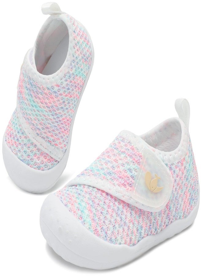 FEETCITY Baby First Walking Shoes Wide Baby Shoes Infant Sneakers Newborn Crib Shoe Barefoot Lightweight Slip On Shoe, White Colorful, 12-18 Months - Image 1