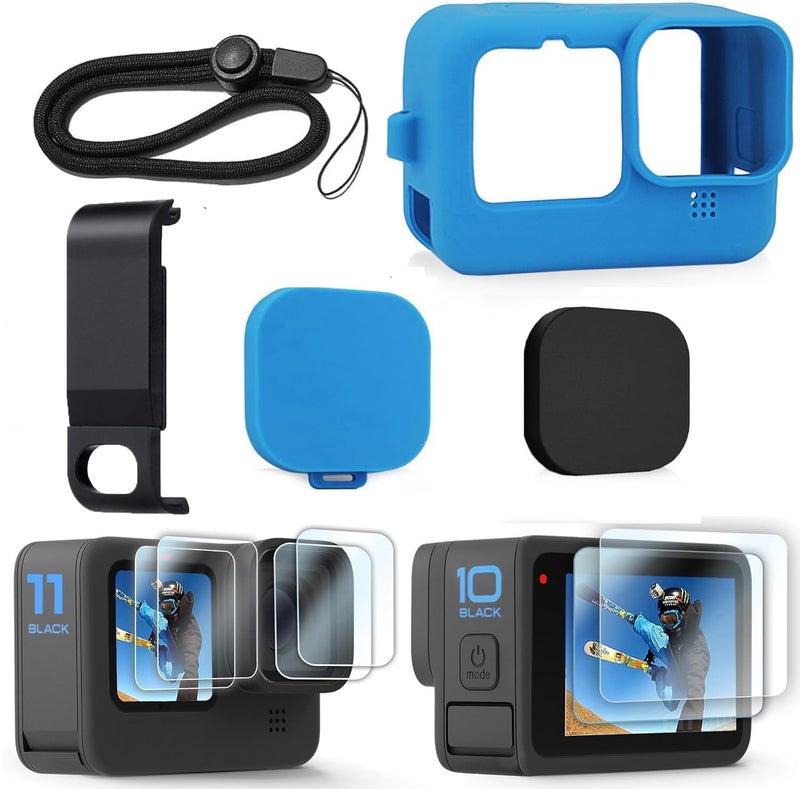 Action Pro طقم ملحقات أزرق (حافظة سيليكون، غطاء بطارية جانبي، واقي شاشة، حبل عنق) متوافق مع كاميرات أكشن GoPro-13/12/11/10/9 - Image 1