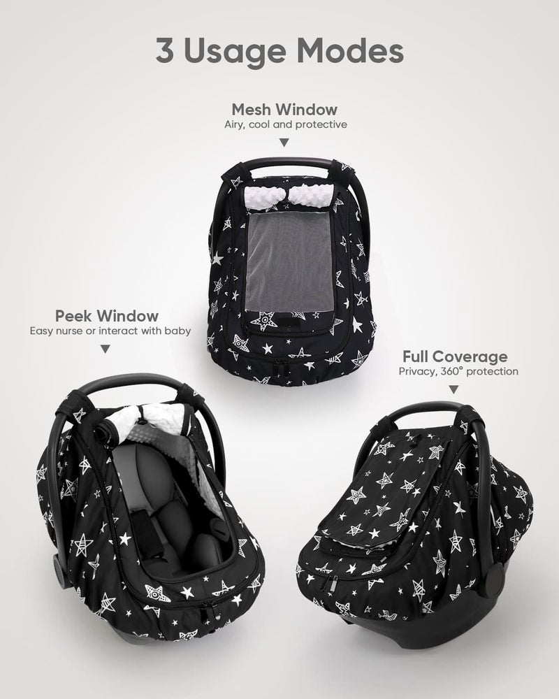 Sweetwavet Car Seat Cover Baby Boy, Infant Car Seat Canopy Outdoor, 2 Layers with Mesh and Sun Shade Window for Summer Winter, Easy Access Carseat Covers Snug Fit Baby Stroller - Black Star - Image 2
