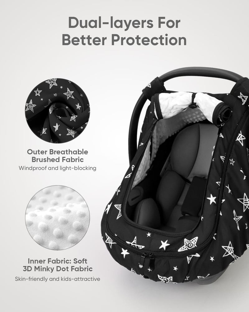 Sweetwavet Car Seat Cover Baby Boy, Infant Car Seat Canopy Outdoor, 2 Layers with Mesh and Sun Shade Window for Summer Winter, Easy Access Carseat Covers Snug Fit Baby Stroller - Black Star - Image 3