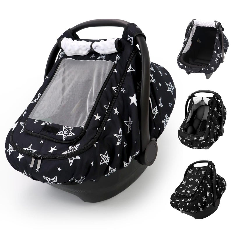 Sweetwavet Car Seat Cover Baby Boy, Infant Car Seat Canopy Outdoor, 2 Layers with Mesh and Sun Shade Window for Summer Winter, Easy Access Carseat Covers Snug Fit Baby Stroller - Black Star - Image 1