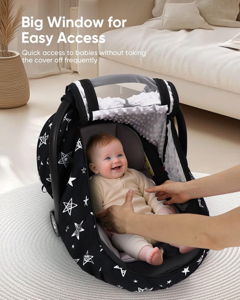 Sweetwavet Car Seat Cover Baby Boy, Infant Car Seat Canopy Outdoor, 2 Layers with Mesh and Sun Shade Window for Summer Winter, Easy Access Carseat Covers Snug Fit Baby Stroller - Black Star - Image 4