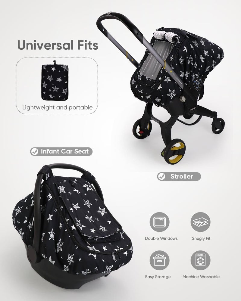 Sweetwavet Car Seat Cover Baby Boy, Infant Car Seat Canopy Outdoor, 2 Layers with Mesh and Sun Shade Window for Summer Winter, Easy Access Carseat Covers Snug Fit Baby Stroller - Black Star - Image 5