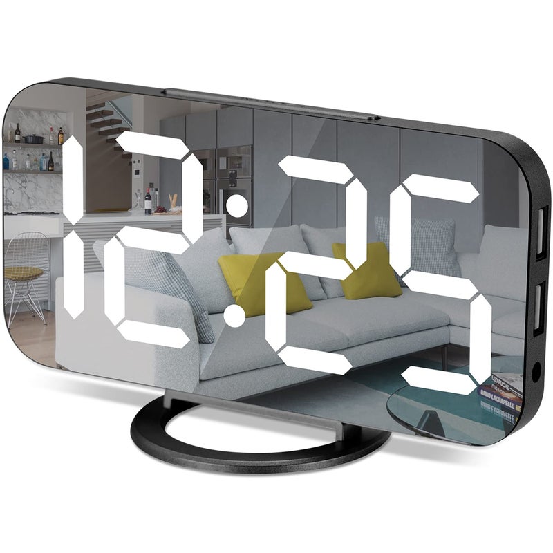 Digital Alarm Clocks7 LED Mirror Electronic Clockwith 2 USB Charging PortsSnooze ModeAuto Adjust BrightnessModern Desk Wall Clock for Bedroom Living Room Office  Black