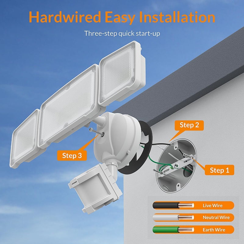 Le Power LED Security Lights Motion Sensor Light Outdoor, 38W 4200LM Light, 5500K, IP65 Waterproof, 3 Head Detected Flood Light for Garage, Yard, Porch (White) - Image 5